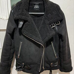 Zara Asymetrical Suede & Fleece Black Moto Jacket M